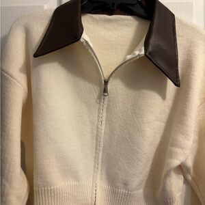 Cream Knit Zip-Up Sweater with Brown Leather Collar